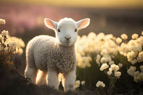 A Cute Baby Spring Lamb In A Field Of Spring Flowers Generative Ai