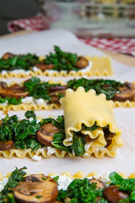 Mushroom And Kale Lasagna Roll Ups In Creamy Gorgonzola Cauliflower