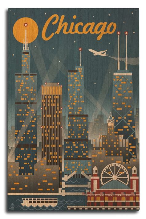 Chicago Illinois Retro Skyline Poster Canvas Wall Art Print