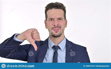 Disappointed Young Businessman Showing Thumbs Down White Background