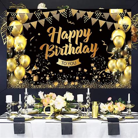 Buy Happy Birthday Backdrop Banner Large Black Gold Balloon Star Fireworks Party Sign Photo