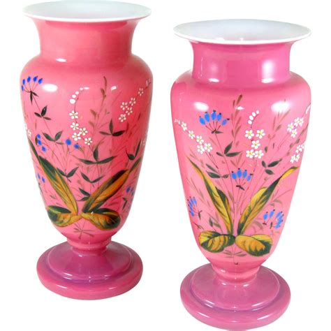 Pair Large Antique Victorian Hand Painted Floral Enamel Pink Glass Mantle Vases Pink Glass