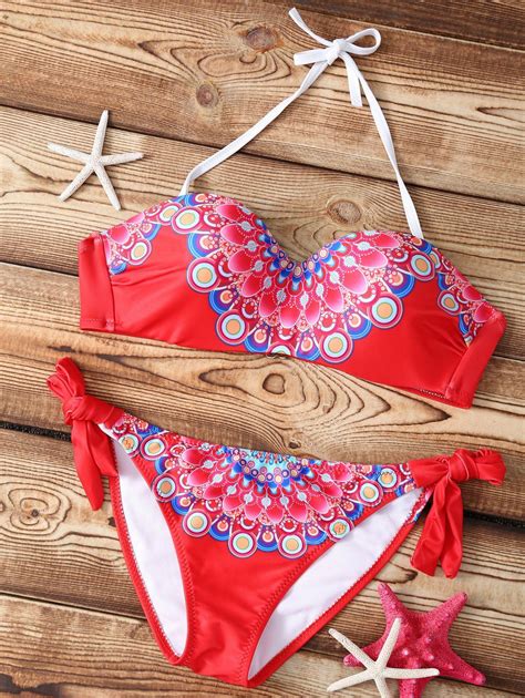 [24 Off] 2021 Cheeky Printed Bandeau Bikini Set In Red Zaful