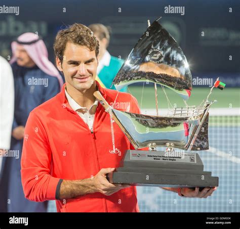 Roger Federer Poses With His Winners Trophy Dubai Tennis Stadium