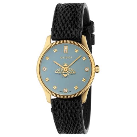 Ladies Gucci G Timeless Blue Diamond Dial Black Leather Strap Watch