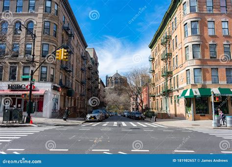 Harlem Street Scene With Old Buildings And A Beautiful Church Editorial