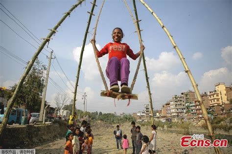 Nepali Children Having Fun With Dashain Ping Swing