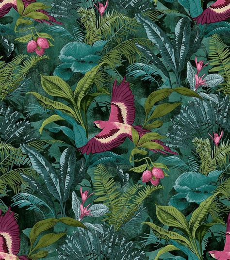 Rasch Tropical Rainforest Wallpaper Botanical Floral Birds Jungle Teal