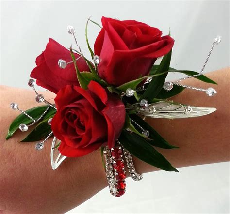 Homecoming Dance Prom Red Rose Wrist Corsage With Red Rhinestones