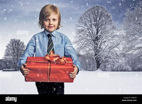 Boy Carrying Christmas T In Snow Stock Photo Alamy