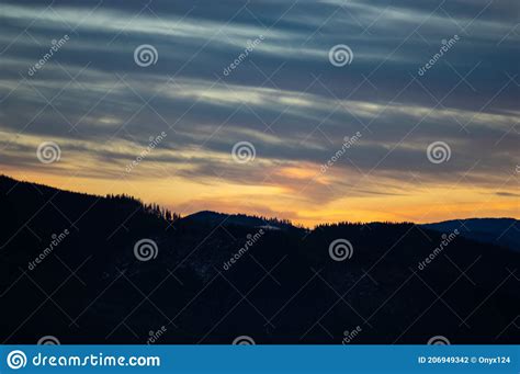 Forest Silhouette On The Background Of Sunset In The Carpathians Stock