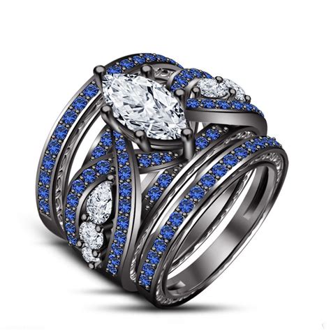 New Blue Sapphire Wedding Engagement Ring Set All Size Cubic Zirconia