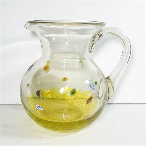 Mexican Hand Blown Confetti Bola Pitcher Yellow With Clear Handle 8” Tall Ebay In 2022 Hand
