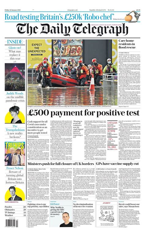 Daily Telegraph Front Page 22nd Of January 2021 Tomorrows Papers Today