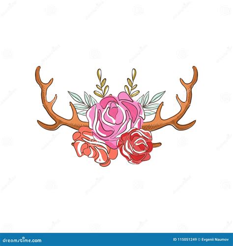 Deer Horns With Rose Flowers Hand Drawn Floral Composition With Antlers Vector Illustration On
