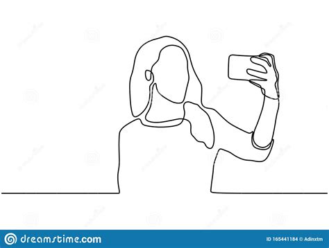Continuous One Line Drawing Of Selfie Girl Vector Woman Or Person