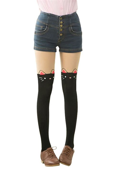 Amour Kitten Print Knee High Length Socks Cat Tail Tattoo Tights