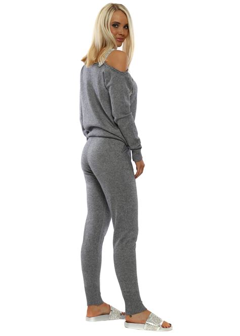 Grey Knitted Diamonte Leggings And Jumper Co Ord Designer Desirables