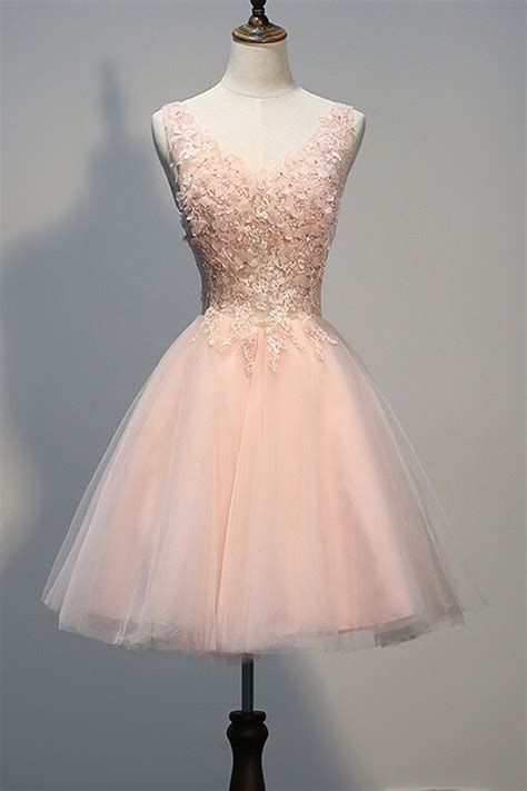 Ball V Neck Short Blush Pink Tulle Applique Beaded Prom Dress Cute