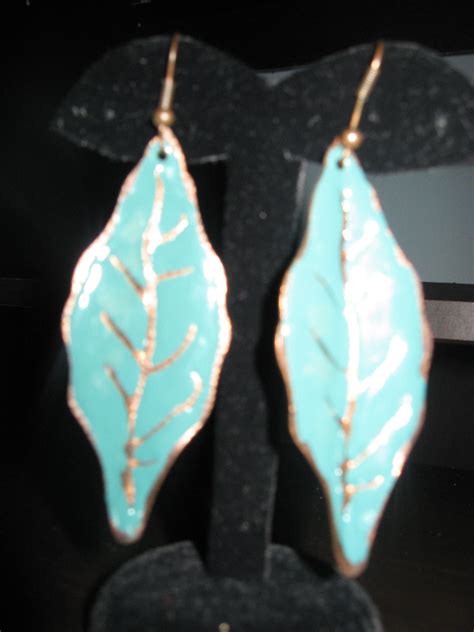 Turquoise Leaf Metal Earrings With Copper Etching Sassnflair