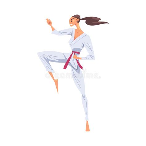 Girl Karateka Doing Kick Female Karate Fighter Character In White