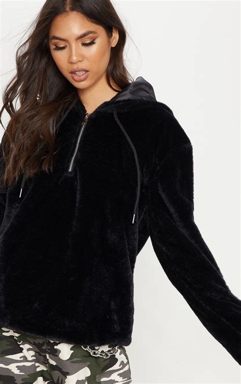 Black Faux Fur Hoodie Coats And Jackets Prettylittlething Ie