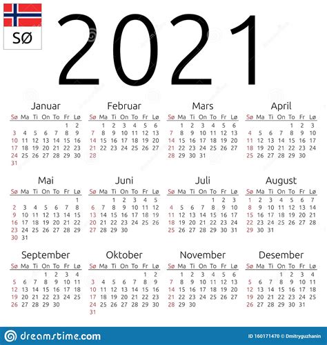 Calendar 2021 Norwegian Sunday Stock Vector Illustration Of Number