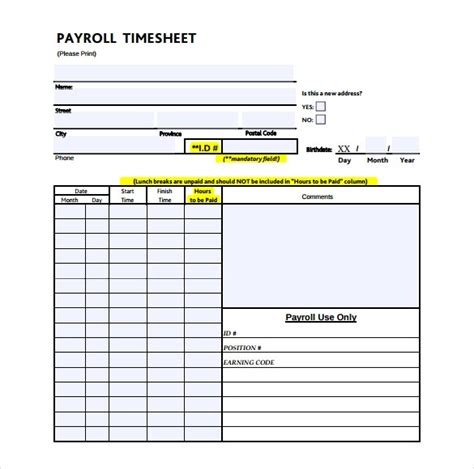 Payroll Timesheet Template Free Payslip Templates