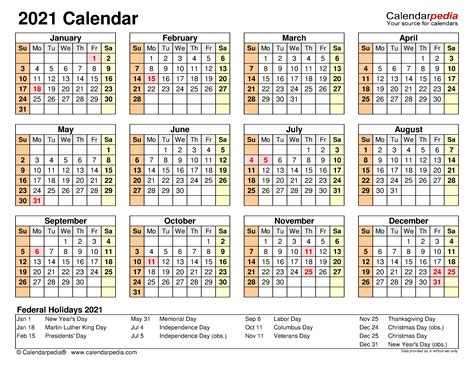 2021 calendar printable template including week numbers and united states holidays, available in pdf word excel jpg format, free download or print. 2021 Calendar - Free Printable Microsoft Word Templates