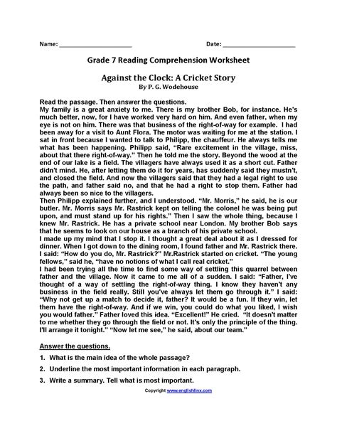 7th Grade Reading Comprehension Worksheets Pdf Db Excelcom 7th Grade