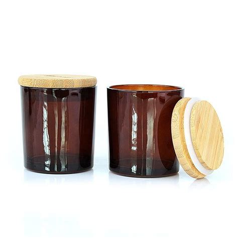 Empty Wide Mouth Round Amber Candle Container Glass Jars In Bulk With Bamboo Lid For Soy Wax