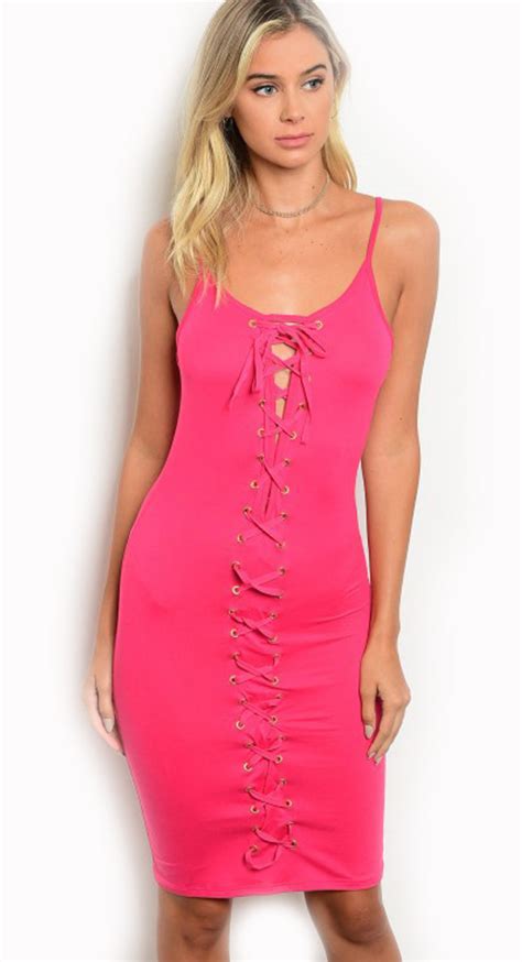 sexy spaghetti strap low cut neckline lace up front fuchsia dress 17 58