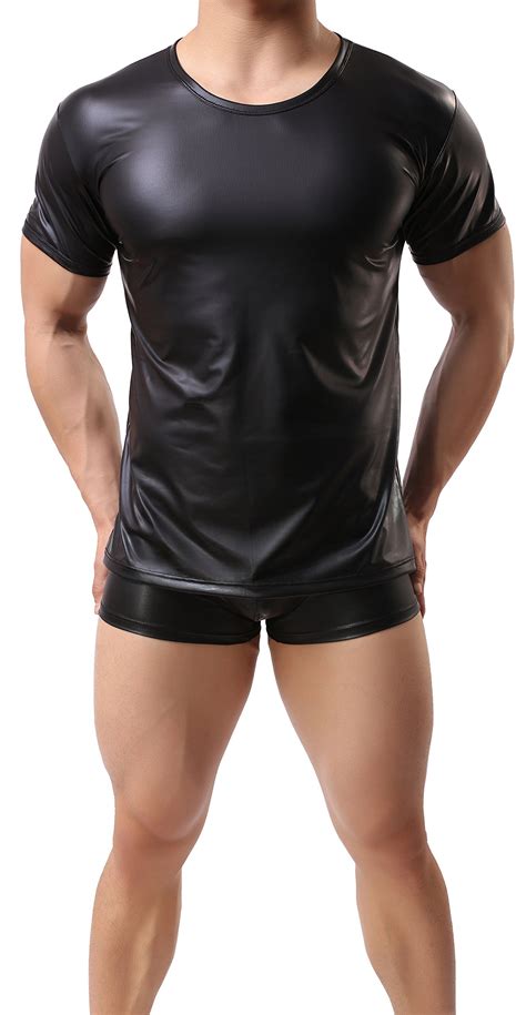 Onefit Men Black Wet Look Short T Shirt Faux Leather Nightwear Tops