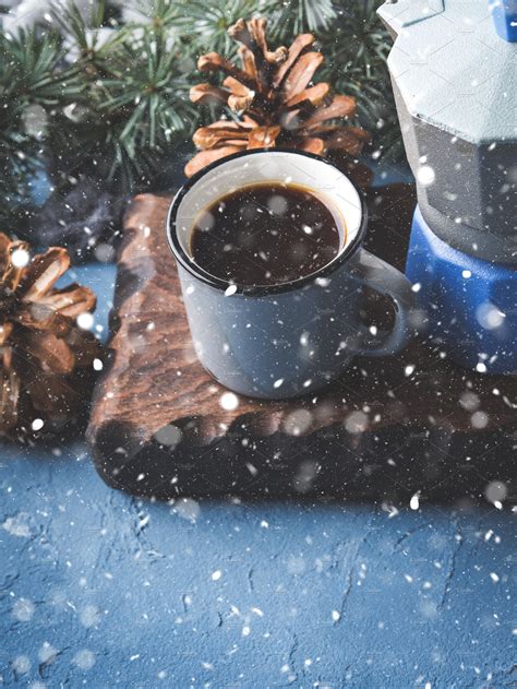 Coffee Over Christmas Winter Background High Quality Food Images