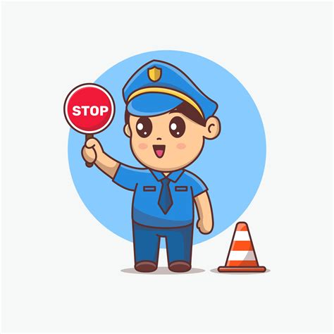 Cute Police Kawaii Cartoon Character Holding Stop Sign 2861726 Vector