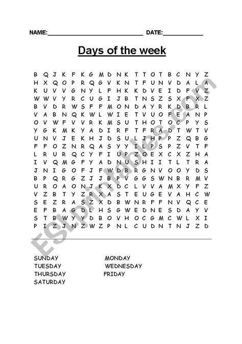 English Worksheets Days Of The Week Wordsearch