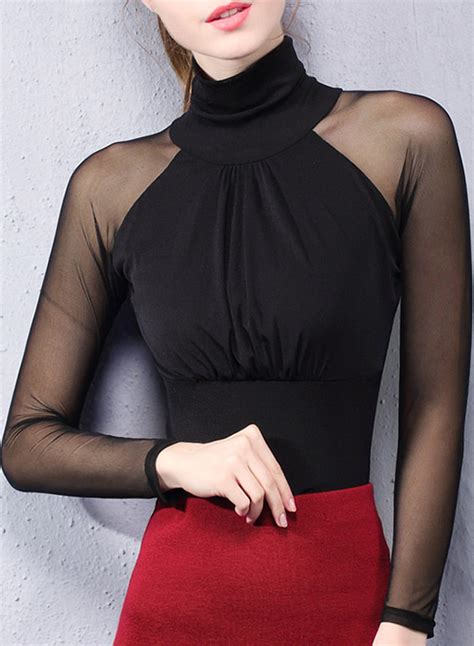 Women S Fashion Solid High Neck Long Sleeve Slim Fit Blouse STYLESIMO Com