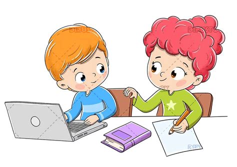 Niños Haciendo La Tarea Con Una Computadora Y Un Libro Dibustock