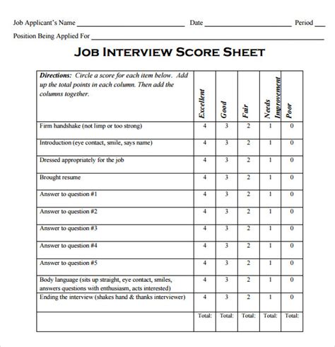 Job Interview Score Sheet Template Pdf Template Images And Photos Finder