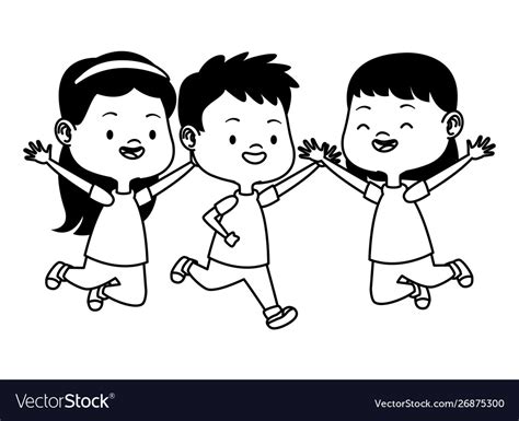 Cute Happy Kids Having Fun In Black And White Vector Image