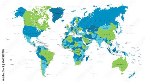 World Map Political Blue Green Vector Stock Vector Adobe Stock