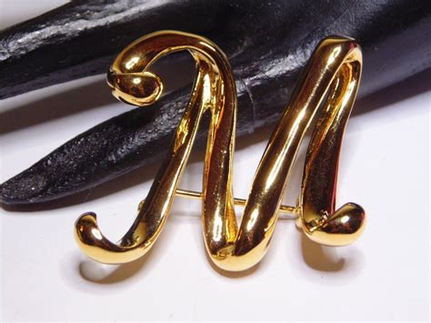 Vintage ANNE KLEIN Letter M Initial Brooch Pin Shiny Gold Tone Brooch Vintage Anne Klein