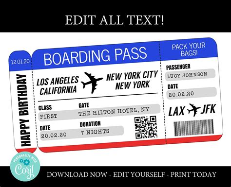 Diy Printable Editable Boarding Pass Surprise Fake Airline Etsy