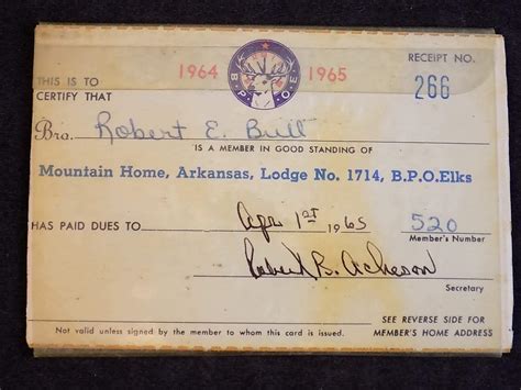 Vintage BPOE Membership Card Lodge No 1714 Mountain Home Arkansas Elks