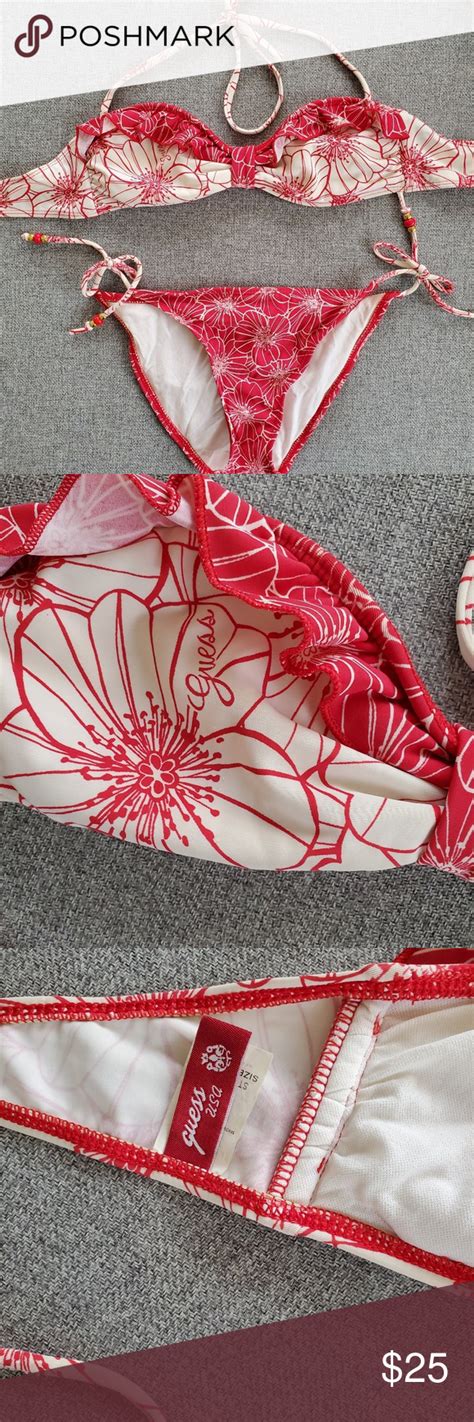 Guess Red And White Floral Bikini Preloved Guess Red And White Bikini Size