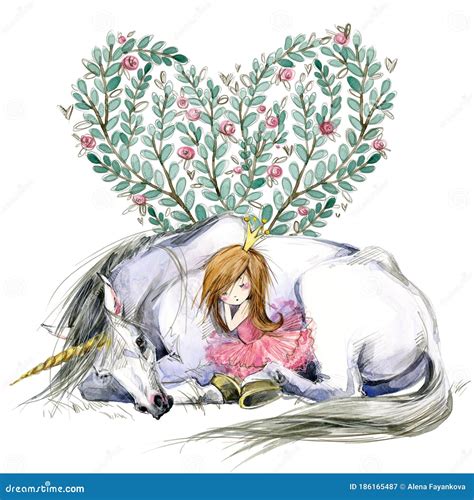 White Unicorn And Princess Watercolor Hand Drawn Illustration Stock