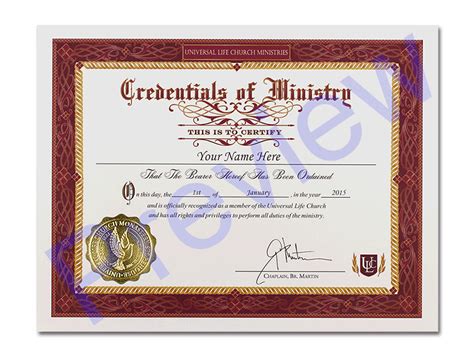 Credential Of Ministry Universal Life Church