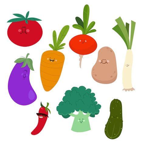 Conjunto De Un Estilo De Dibujos Animados De Verduras Vector Premium