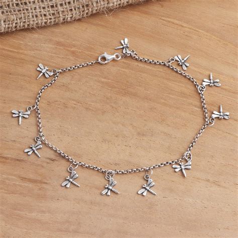 Sterling Silver Dragonfly Charm Ankle Bracelet Dazzling Dragonflies