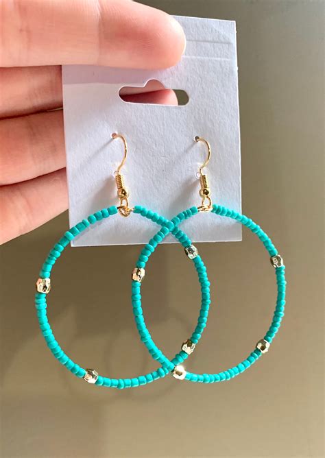 Turquoise Color Beaded Hoop Earrings Etsy